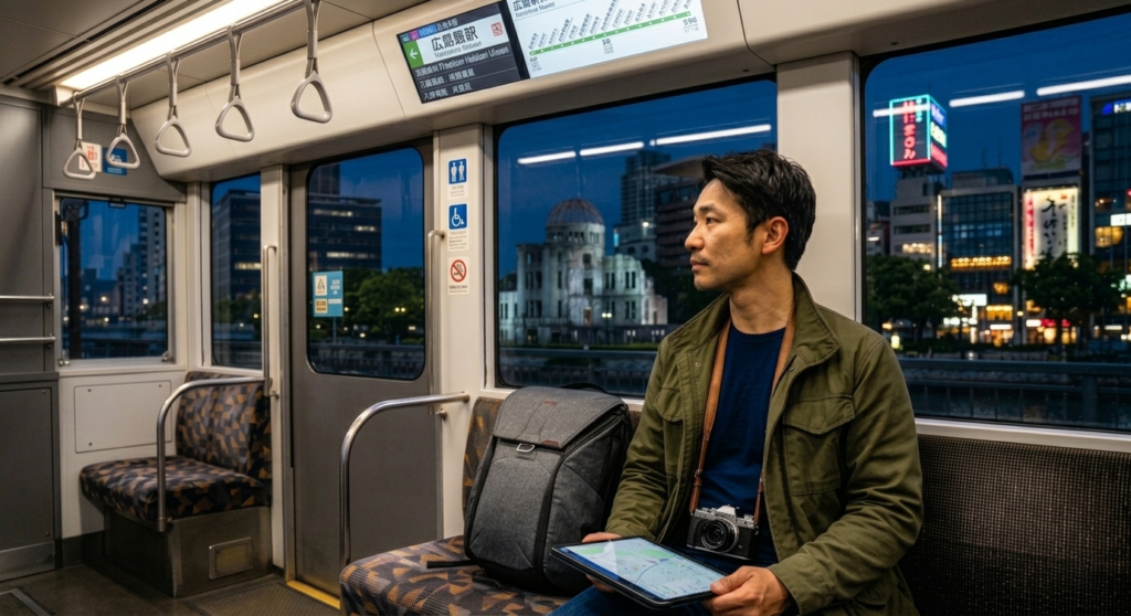 🚃 夜の広電に揺られて。洗練されたモダンな空間で体験する「エモい」ひとり時間の魅力